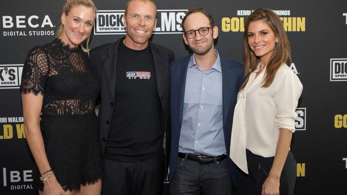 From left, Kerri Walsh Jennings, husband Casey Jennings, director Gabe Spitzer, and TV personality Maria Menounos attend the DICK’S Sporting Goods Films and Tribeca Digital Studios world premiere of sports documentary “Kerri Walsh Jennings: Gold Within” at the Paley Center for Media on Thursday, July 28, 2016, in Beverly Hills, Calif.
