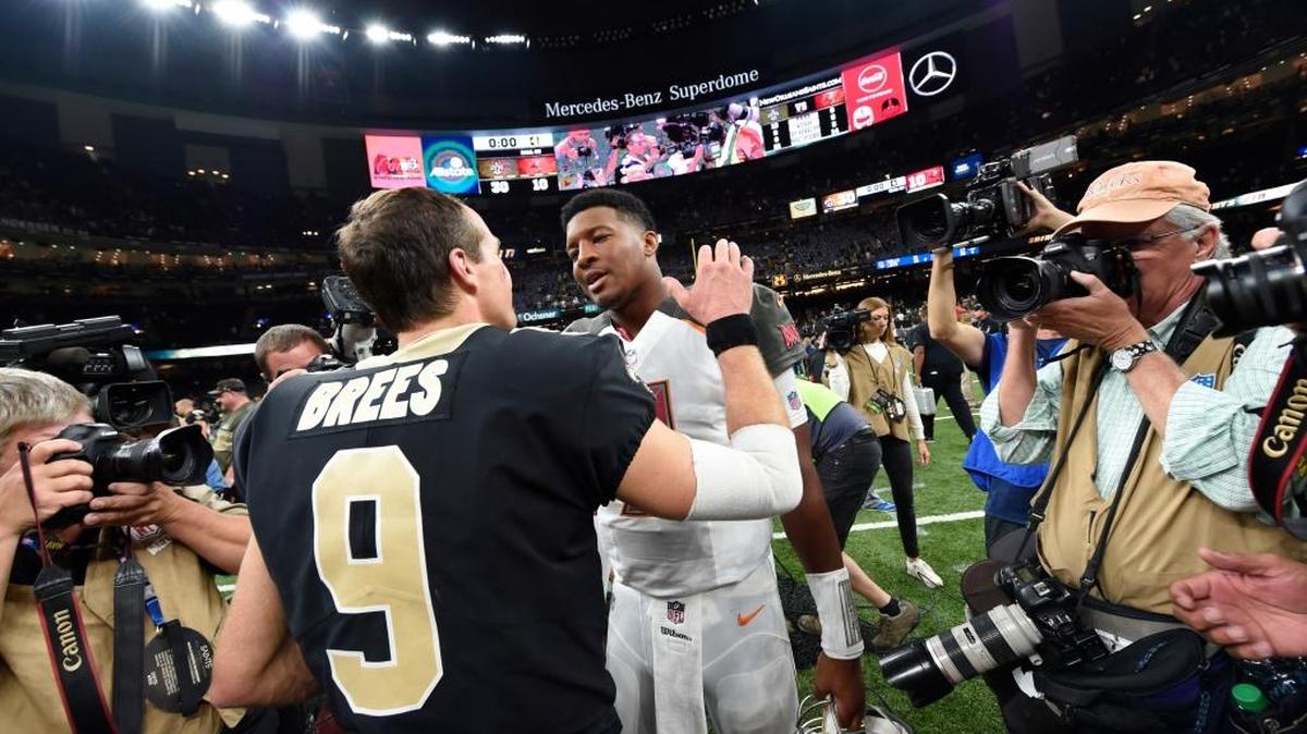 Tampa Bay Buccaneers quarterback Jameis Winston, meeting with New Orleans Saints QB Drew Brees after Sunday’s game, has been plagued by a right shoulder injury.