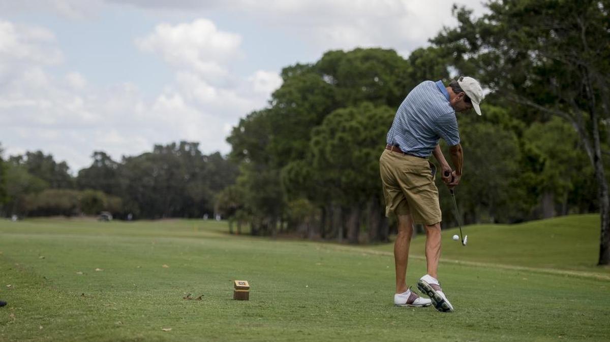 Robert Polk hits a drive during the FSGA Senior Amateur on Tuesday at the Bradenton Country Club in Bradenton. Polk is tied for second after Wednesday’s second round.