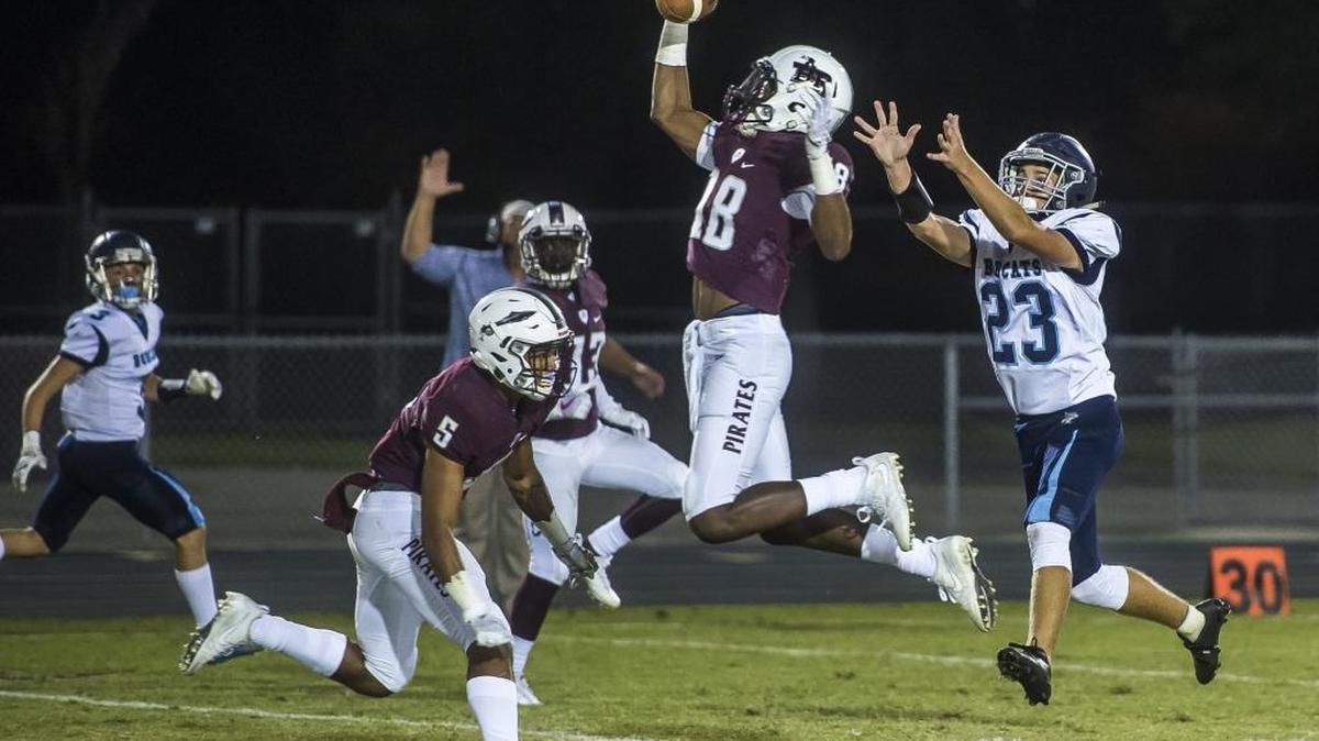 Braden River’s Jahvaron Burks breaks up a pass during Thursday’s victory against North Port. The Pirates travel to Sarasota Booker on Monday night.