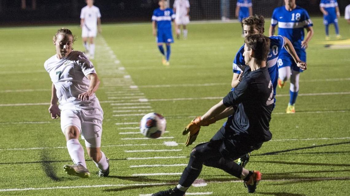 Alex Virgilio takes a shot into Canterbury's keeper, Trennen Turco as Saint Stephen's Episcopal School hosts the Canterbury School of Fort Myers on Wednesday night, February 1, 2017 at Saint Stephen's Episcopal School in Bradenton.