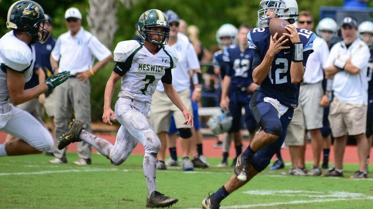 Out-of-Door Academy wide receiver Ethan Bertrand pulls in a pass for a long gain against Keswick Christian on Saturday in Lakewood Ranch. Bertrand was pulled down at the 1, setting up a Thunder touchdown.
