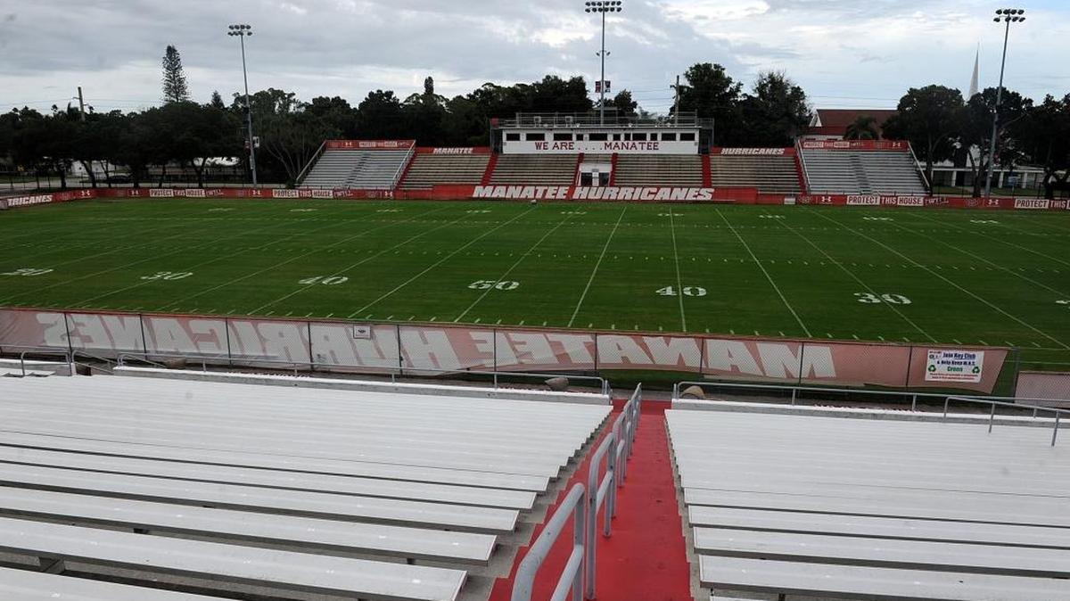 Joe Kinnan Field at Hawkins Stadium sits quiet and empty late Friday afternoon after the scheduled game between Manatee and Palmetto was postponed by weather associated with Hurricane Hermine. All area football games were postponed, leading to a rare quiet Friday night across the county.