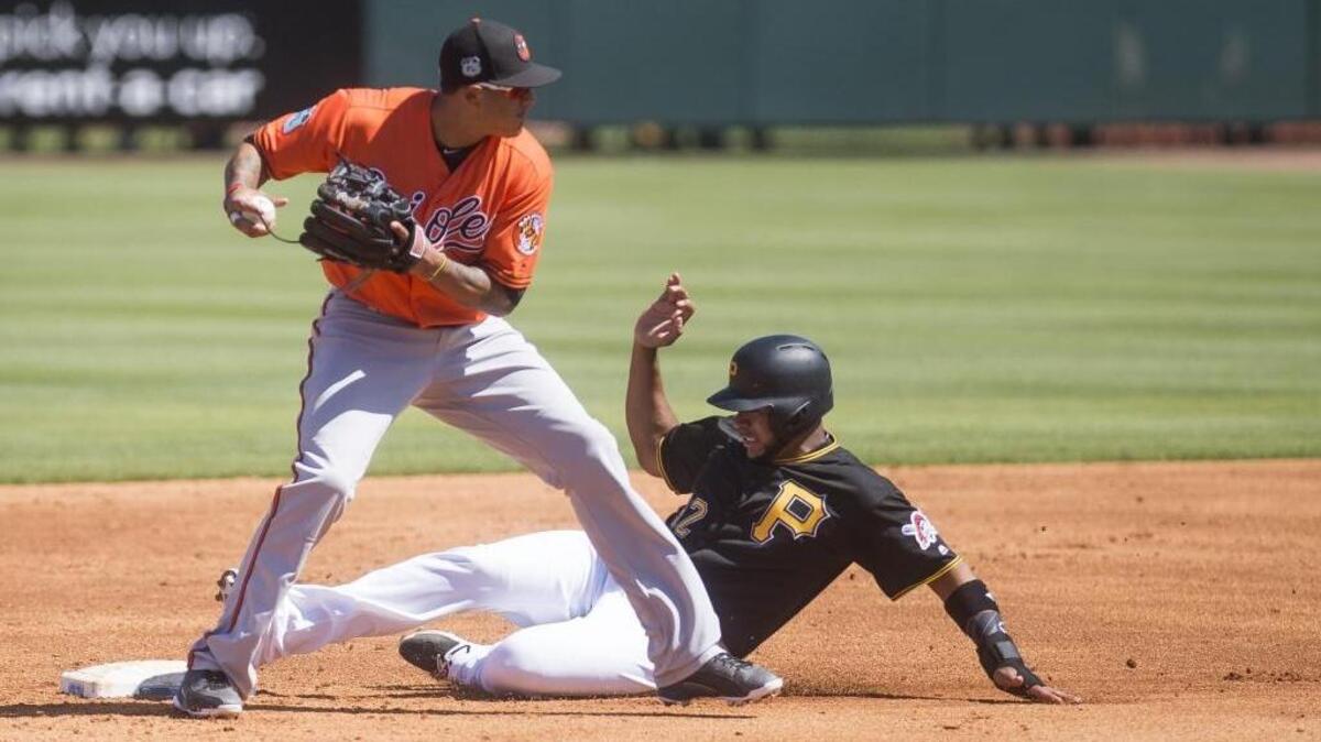 Pittsburgh Pirates catcher Elias Diaz is thrown out by Baltimore Orioles shortstop Manny Machado as he slides into second during the Pirates’ spring training game against Baltimore on March 3 at LECOM Park in Bradenton.