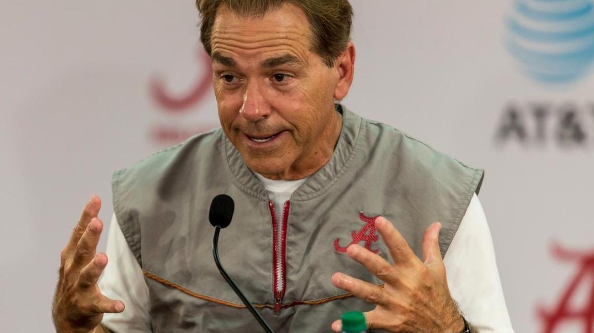 Alabama football coach Nick Saban talks with the media Thursday in Tuscaloosa, Ala.