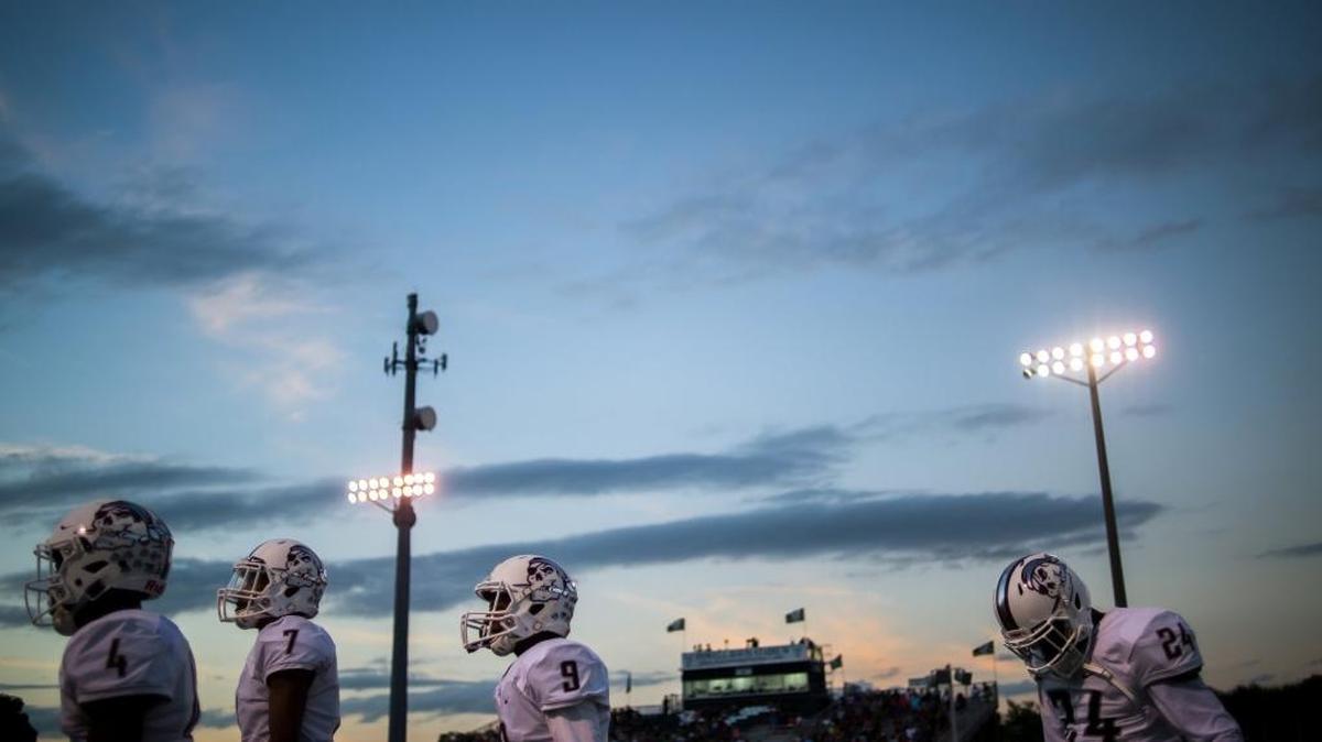 Braden River players, from left, Raymond Thomas, Demetrius Lawson, Tommie Battie and Paul Wiggins walk onto the field during Braden River High School’s game at Venice High School on Oct. 14, 2016.