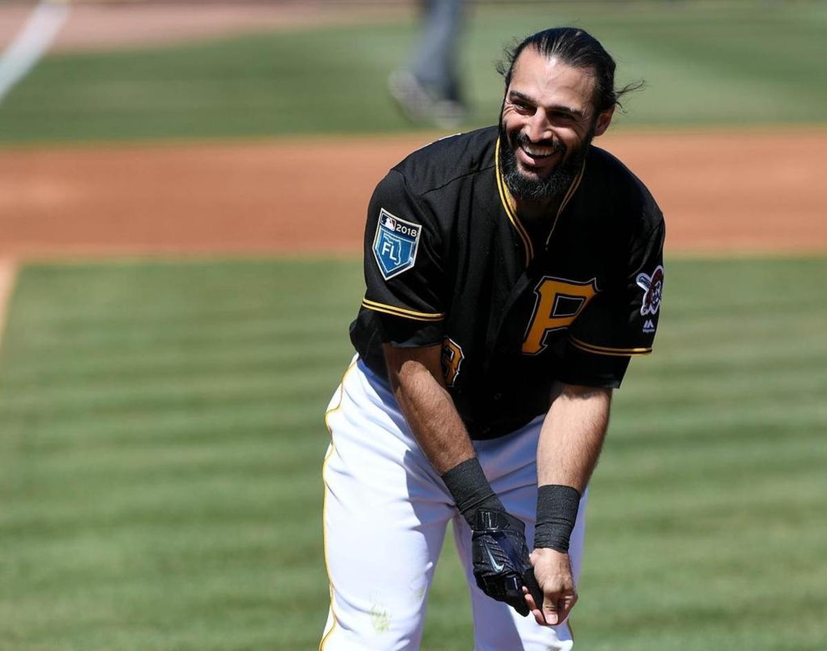 Pittsburgh Pirates veteran Sean Rodriguez has a laugh during Thursday’s game as against the Detroit Tigers at LECOM Park in Bradenton.