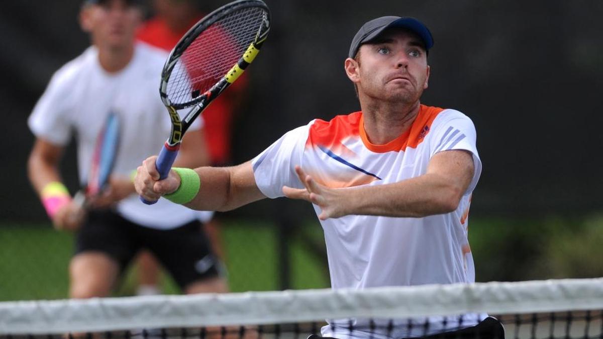 Bjorn Fratangelo (USA), right, prepares for a return as he joins up with Mitchell Krueger (USA) for a doubles match with Marcus Daniell (New Zealand) and Marcelo Demoliner (Brazil) during the 2015 Sarasota Open at the Lakewood Ranch Tennis and Athletic Club. The tournament returns to its initial home, Bradenton, with the qualifying tournament starting on Saturday.
