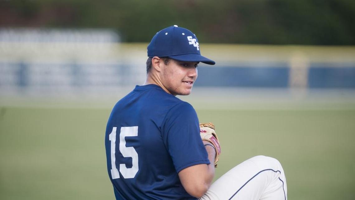 Left-handed pitcher Brendon Little practices his pitching technique in the outfield during the SCF Manatee's baseball practice at State College of Florida on Wednesday afternoon, January 26, 2017 in Bradenton. HERALD FILE PHOTO.