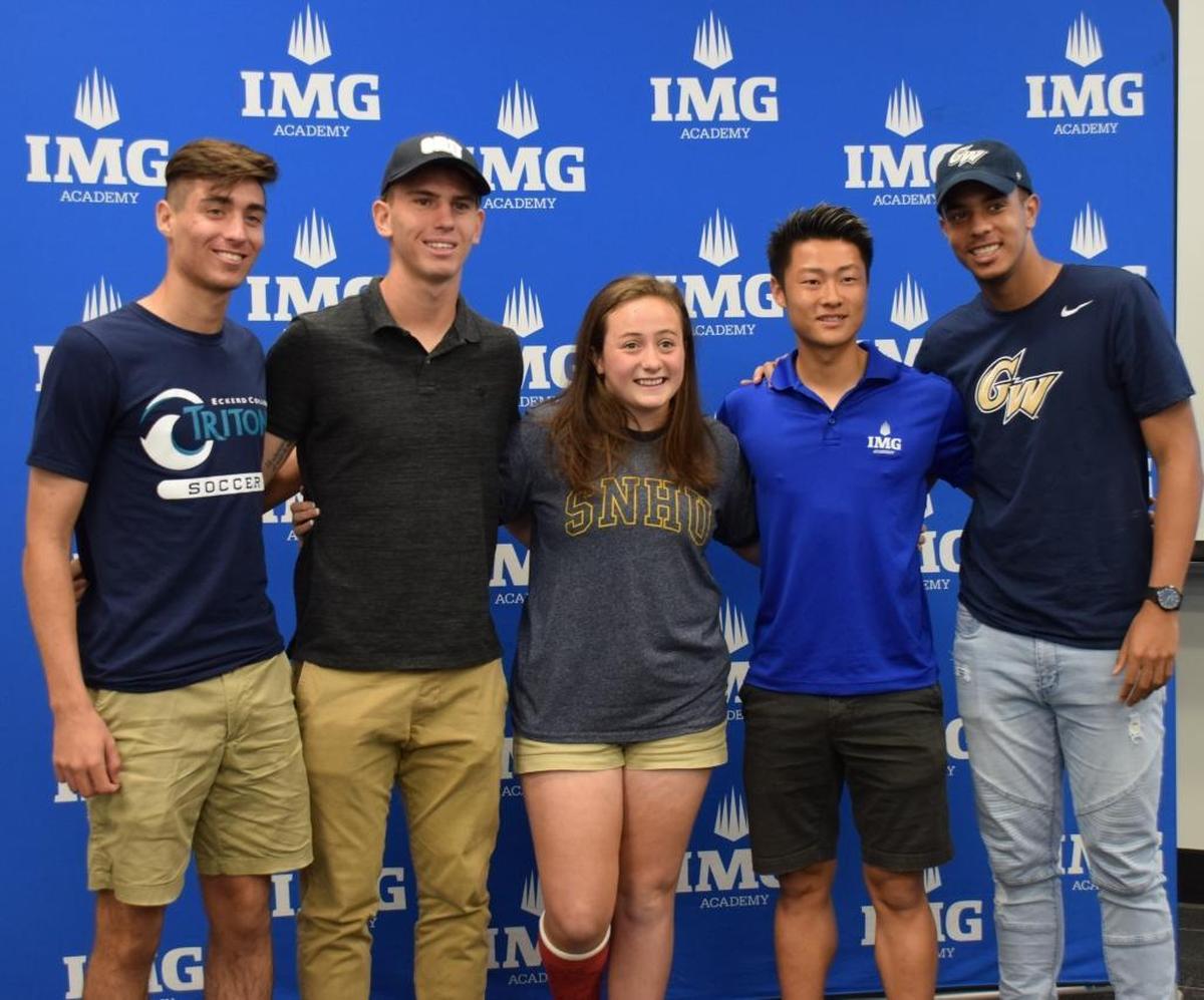 IMG Academy signed five soccer players Wednesday, Feb. 7, 2018. From left-to-right: Zack McLaughlin, Matias Siems, Hannah Rose, Haruki Kimura and Sam Reavis.
