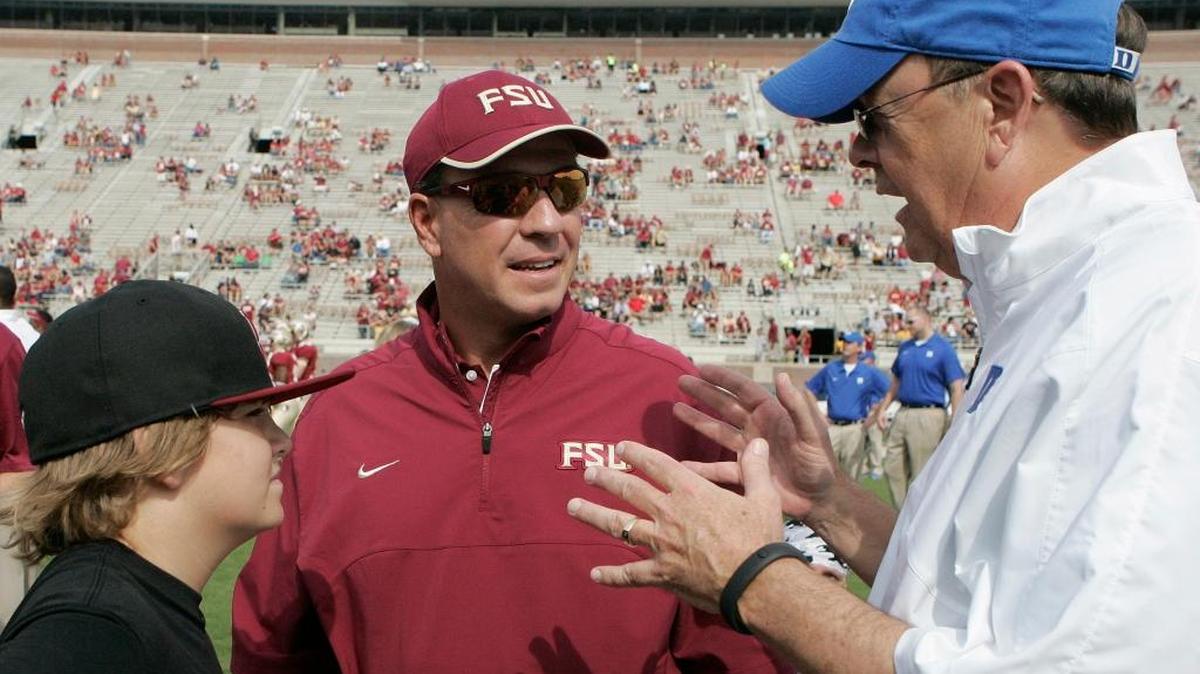 Duke head coach David Cutcliffe, right, talks with Florida State head coach jimbo Fisher after their 2012 meeting. The Seminoles look to avoid their worst start since 1975 when they visit a Duke team that has lost two straight since starting 4-0.