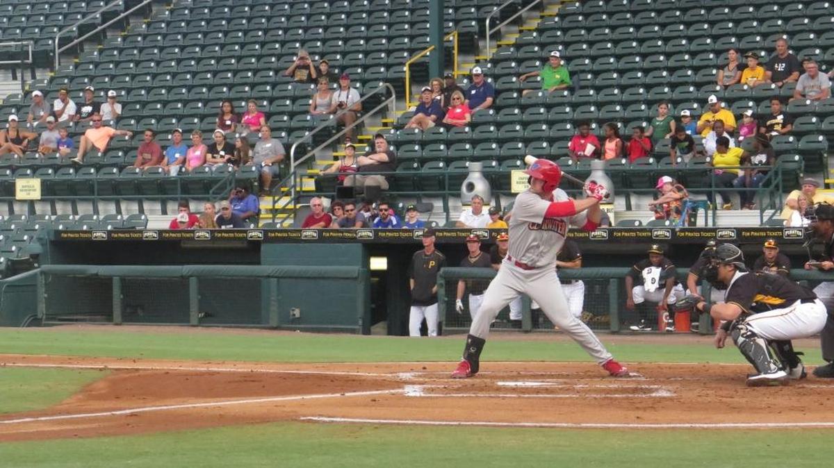Cord Sandberg, a former Manatee two-sport star, swings during his first at-bat for the Threshers at McKechnie Field on Monday.
