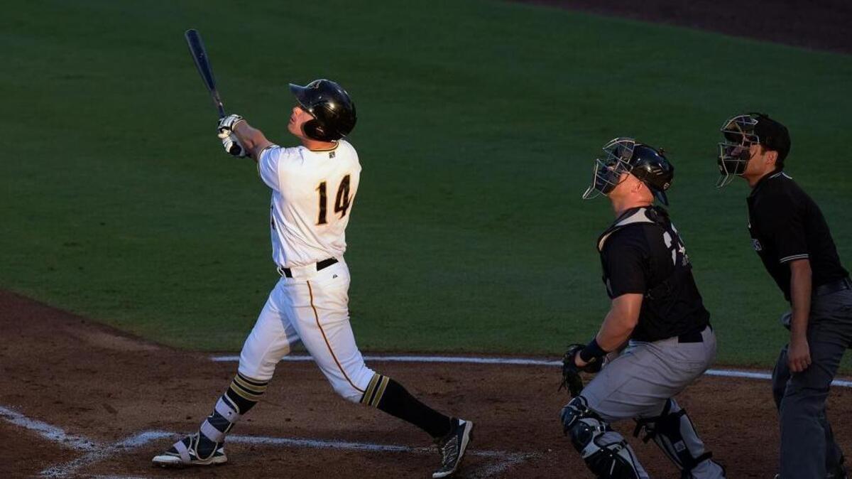 The Bradenton Marauders’ Kevin Kramer follows the path of his hit as the Marauders played in Game 2 of the Florida State League championship series at McKechnie Field on Sept. 10.