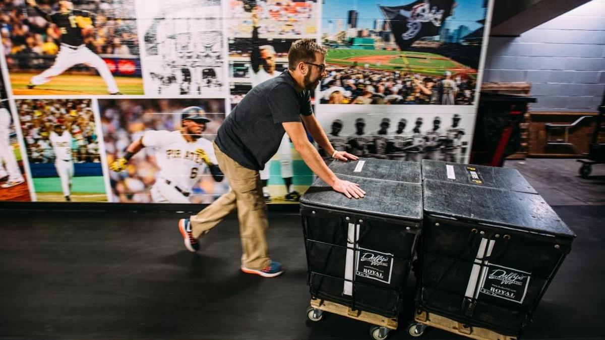 Scott Bonnett, Pirates Clubhouse Manager, pushes carts to load into a truck headed to Bradenton for spring training on February 6, 2017.