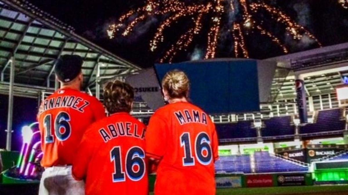 José Fernández and his mother and grandmother watch a fireworks show at Marlins Park.