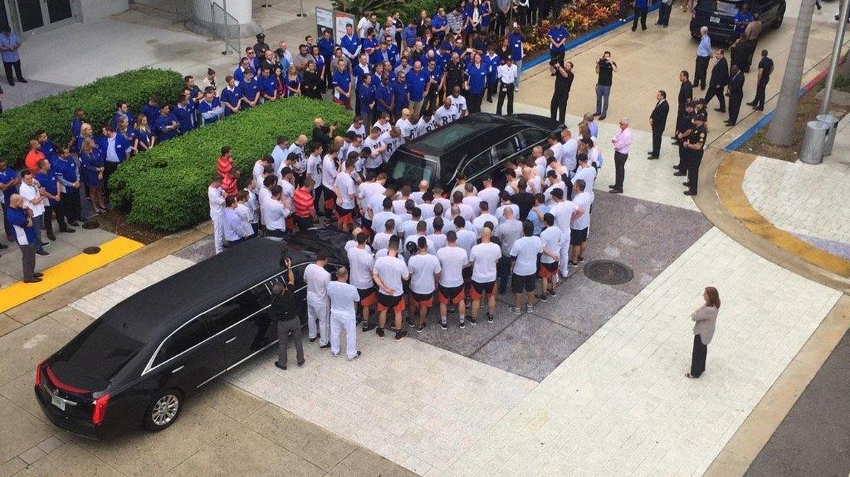 Marlins players surround the hearse before pitcher Jose Fernandez’s funeral procession at Marlins Park.