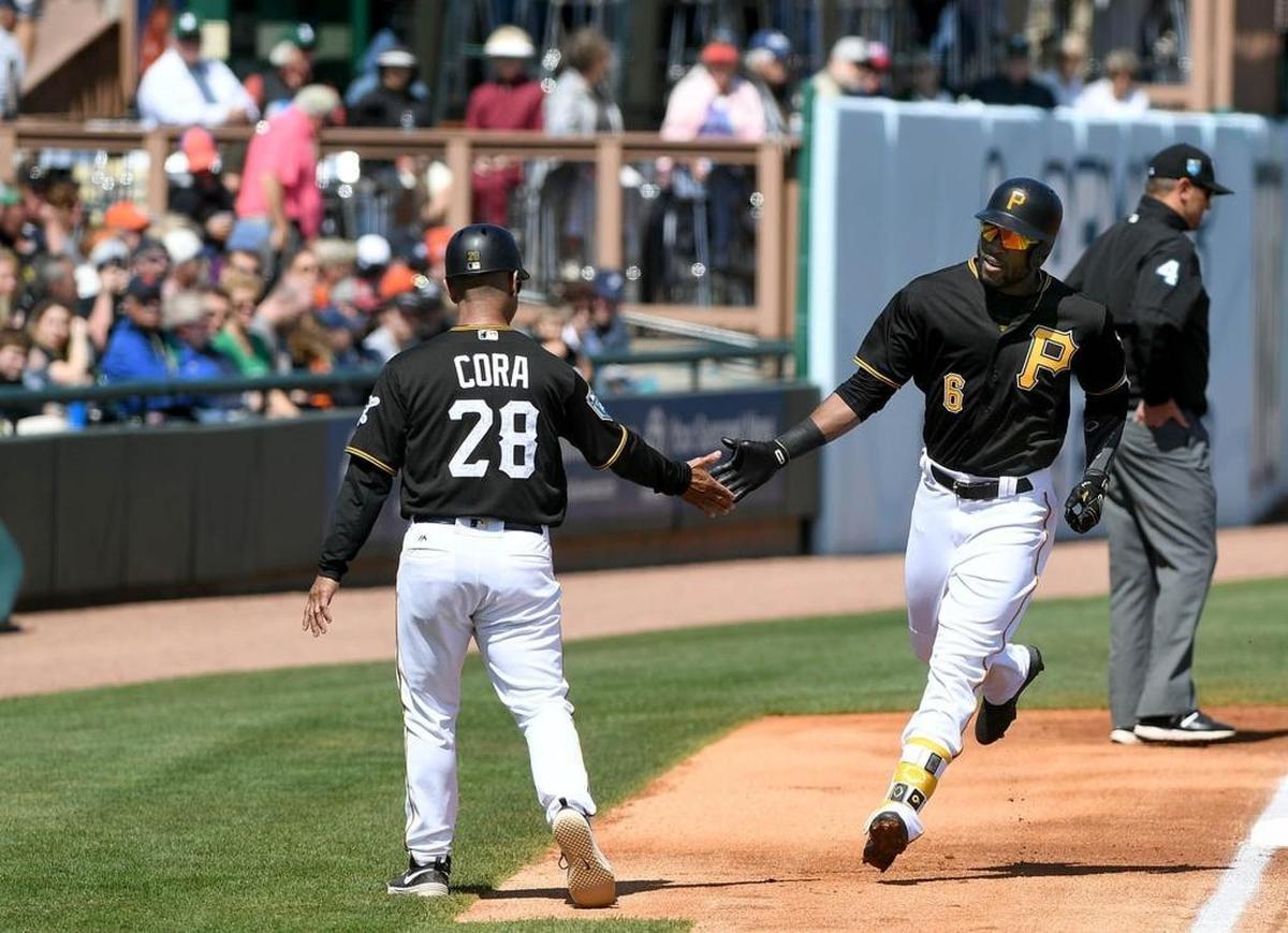 The Pirates’ Starling Marte heads for the plate after homering during Thursday’s game against the Detroit Tigers at LECOM Park.