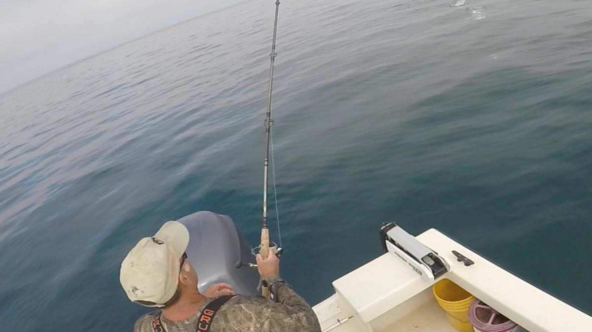 Capt. Todd Romine fights a kingfish while another skyrockets on chummed bait.