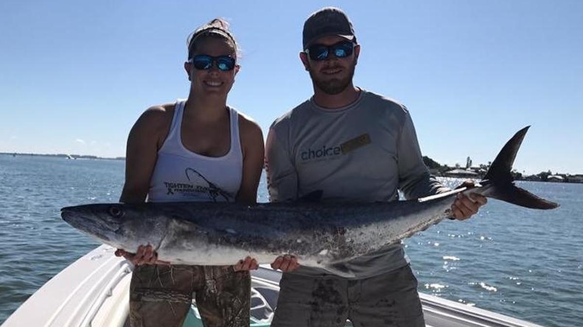 Joe Bodner and sister-in-law Melissa Bodner with a 46.99-pound kingfish caught during the King of the Beach tournament.
