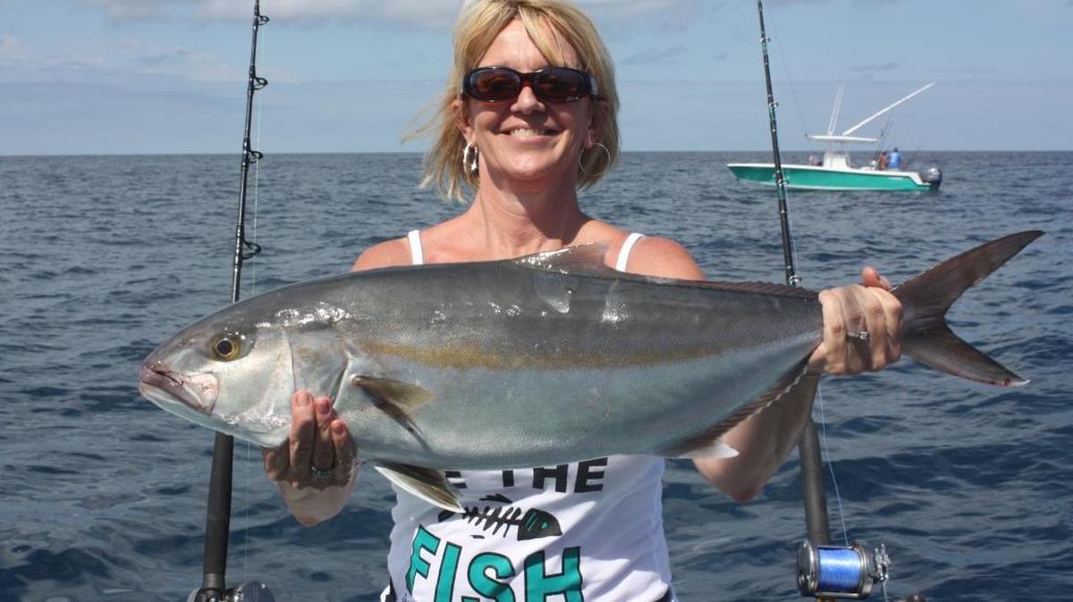 Susan McGuire shows off the amberjack she caught and released Thursday using a live blue runner in about 125 feet off Anna Maria Island while out with her husband, Capt. Larry McGuire. Amberjack, grouper, snapper, kingfish and sharks were among the fish caught this week on Capt. McGuire’s outings.