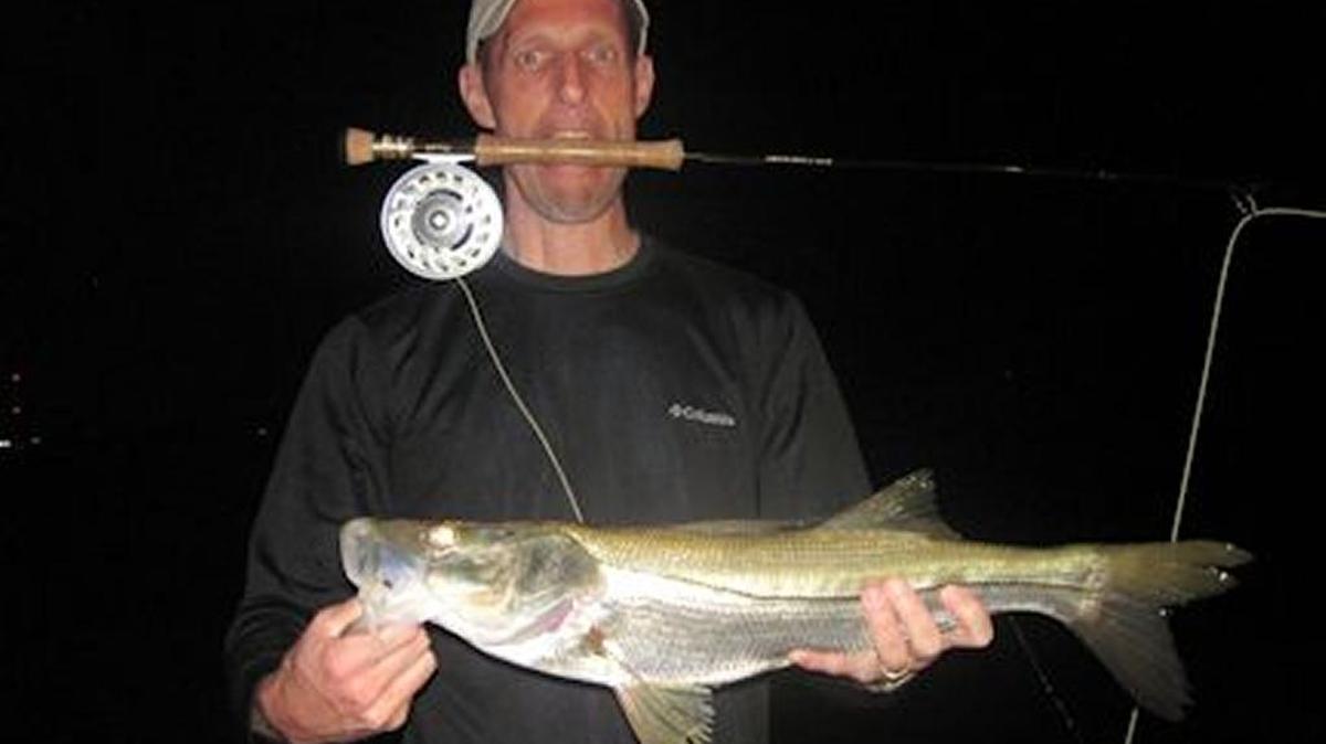 Chris Detweiler of Pennsylvania saw good action catch and releasing snook on Grassett Snook Minnow flies while fishing the intracoastal waterway at night.