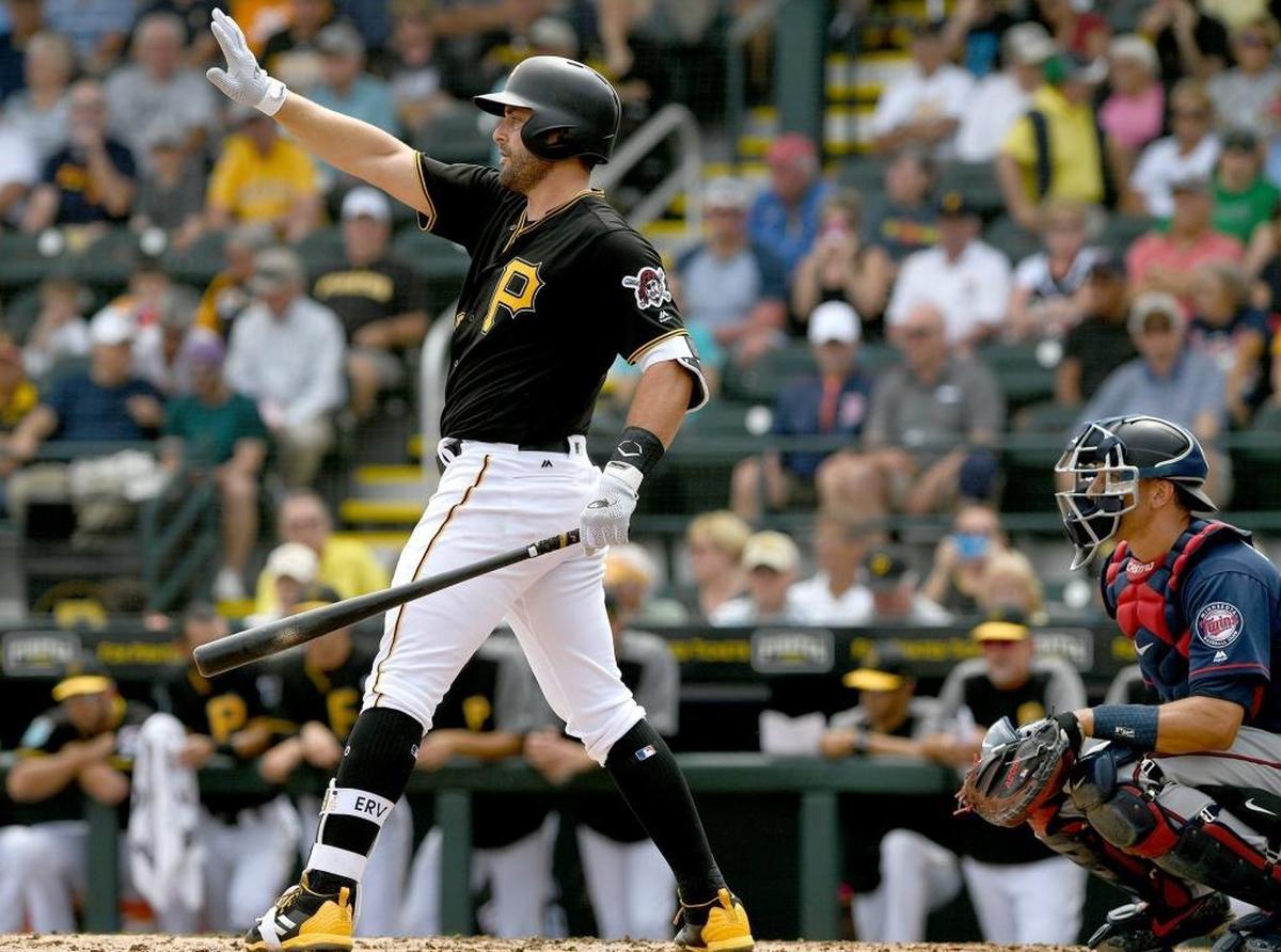 The Pirates’ Francisco Cervelli holds his hand up to the pitcher during Monday’s game against the Minnesota Twins at LECOM Park.