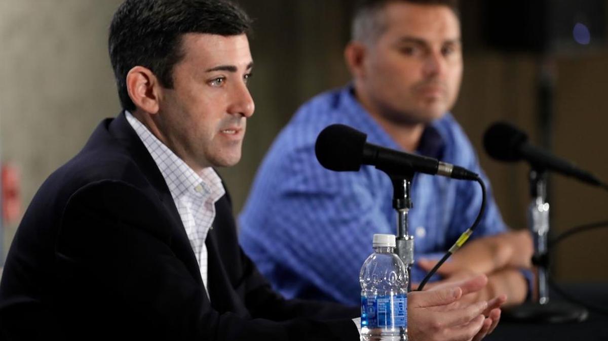 Matt Silverman, Tampa Bay Rays president of baseball operations, left, gestures during a season ending news conference Oct. 4 in St. Petersburg. The Rays announced spring training single-game ticket sales will begin next week.