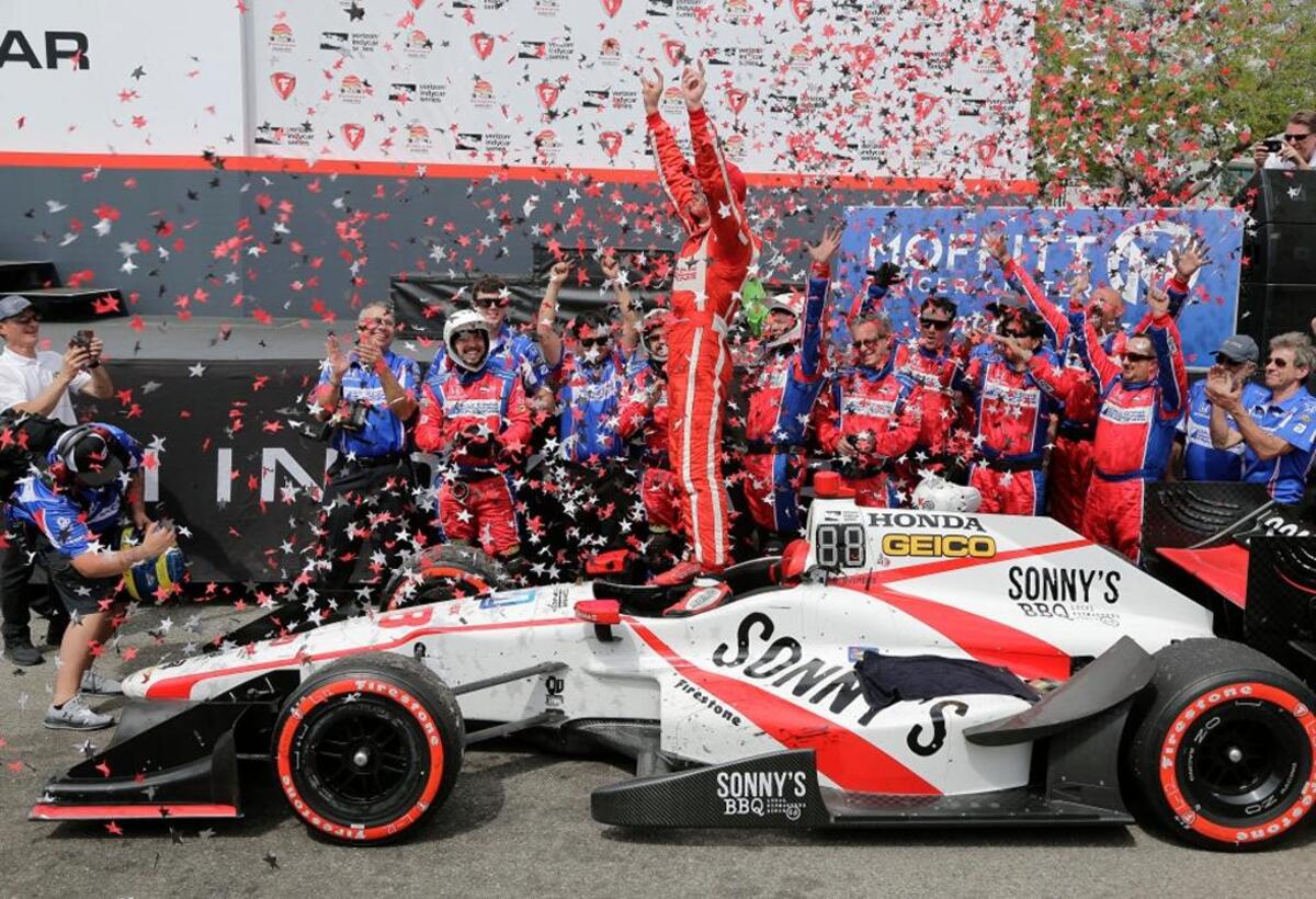 Sebastien Bourdais celebrates with his crew in Victory Lane after winning the 2017 IndyCar Firestone Grand Prix of St. Petersburg.