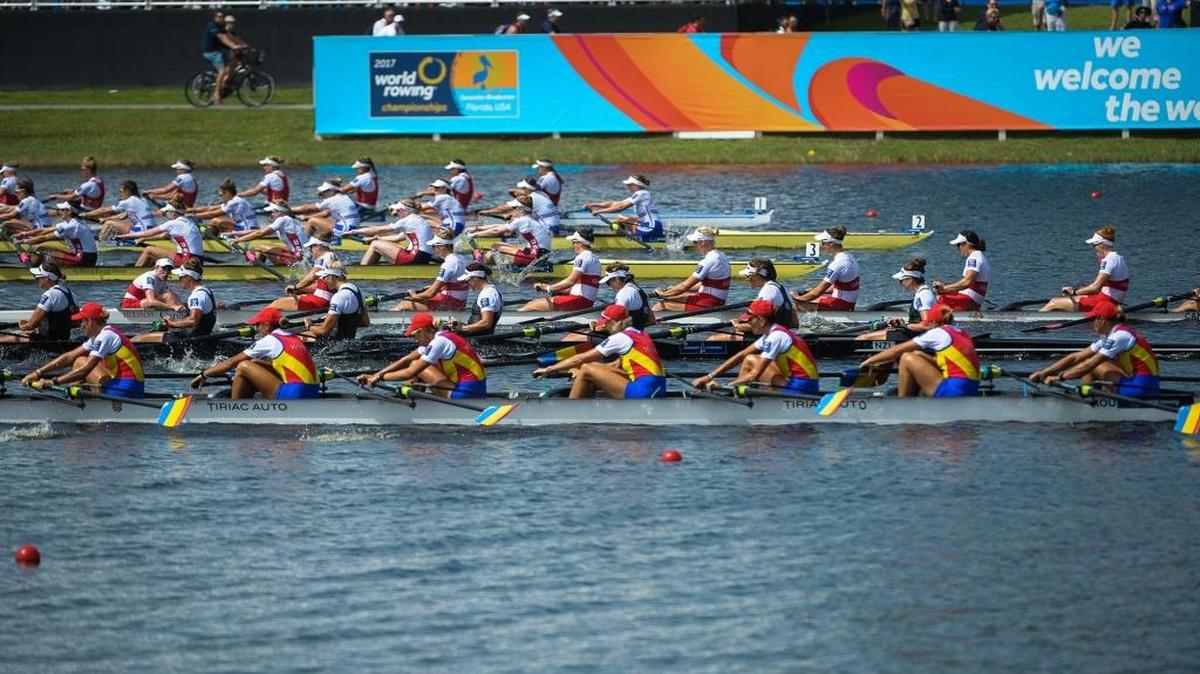 The American women’s eight team, in boat No. 3, competes in Sunday’s World Rowing Championship final at Nathan Benderson Park in Sarasota.