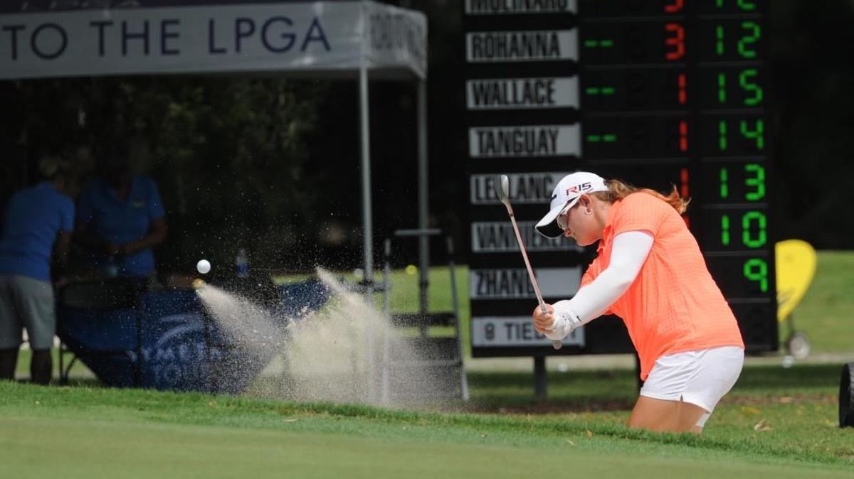 Ericka Schneider, of Bradenton, hits out of a sand trap onto the green during the first round of the 2015 Guardian Retirement Championship at Sara Bay Country Club, an LPGA Symetra Tour event. The club will again host the Symetra Tour and a one-day qualifier in April.