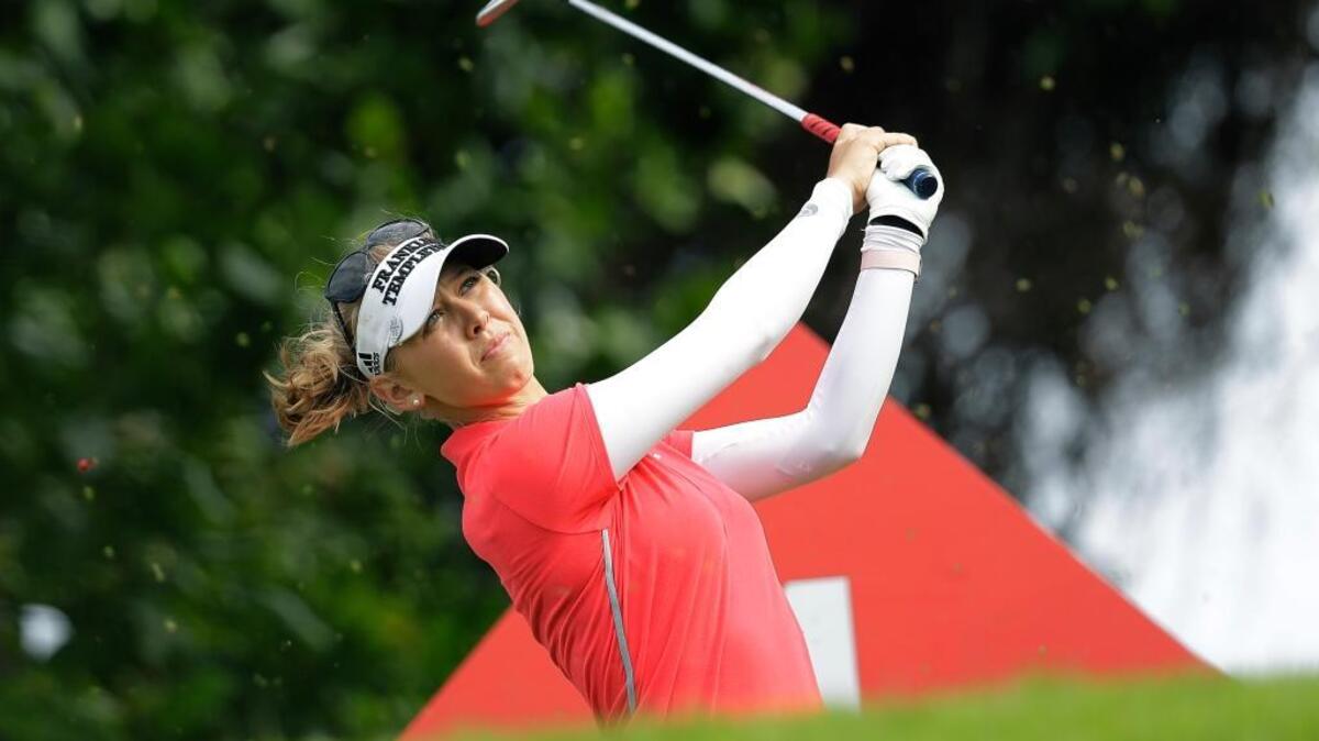 Jessica Korda of the United States tees off on the 4th hole during the HSBC Women's Champions golf tournament on March 2 in Singapore.