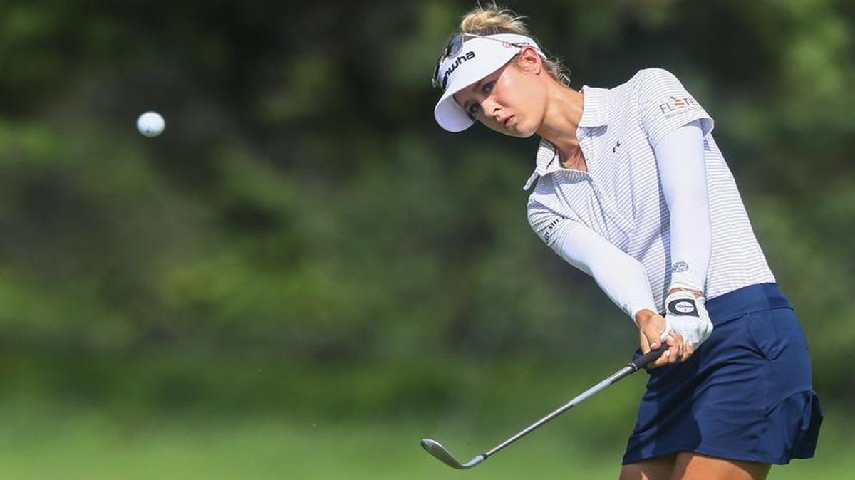 Nelly Korda hits to the 18th green Saturday during the third round of the LPGA Tour’s Marathon Classic at Highland Meadows Golf Club in Sylvania, Ohio.