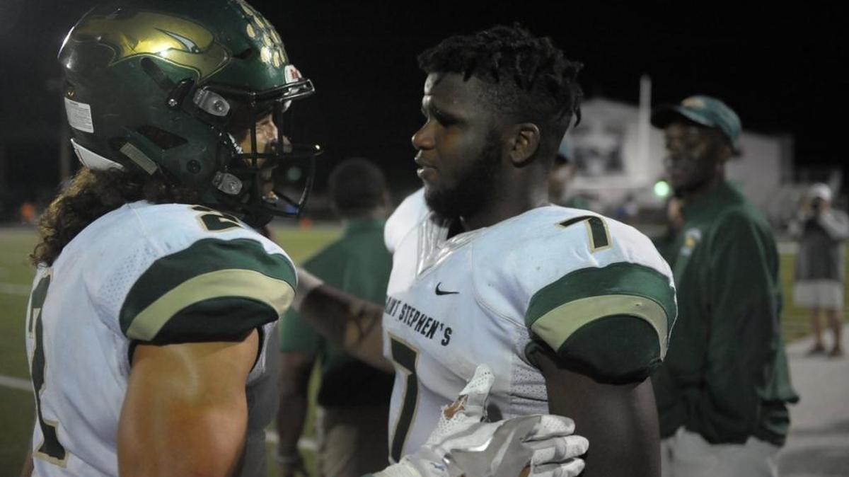 Fred Billy (right) was invited to the annual Florida Athletic Coaches Association North/South All-Star Classic. Billy, seen here with running back Chase Brown, led Saint Stephen’s to back-to-back Sunshine State Athletic Conference titles.
