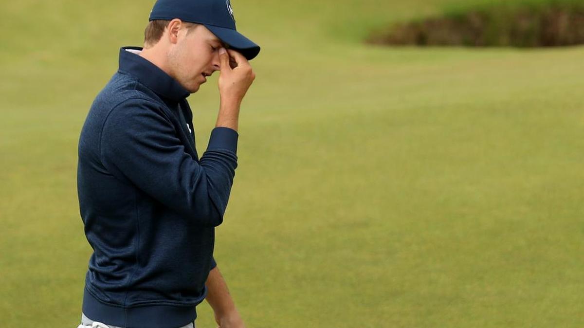 Jordan Spieth of the United States reacts after missing a put on the 8th green during the second round of the British Open Golf Championship at the Royal Troon Golf Club in Troon, Scotland, Friday, July 15, 2016.