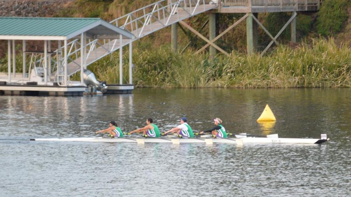 Jess Cochran, from left, Harrison Pere, Jordan Ponson and Delaney Eberle rowed the Sarasota Scullers to a gold medal at the Head of South on Saturday in Georgia.