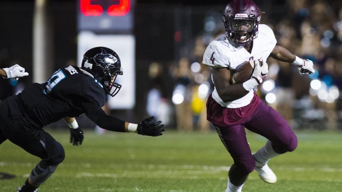 Braden River senior, Raymond Thomas, runs toward the end zone on Friday, November 11, 2016 at Naples Gulf Coast High School in the Class 7A-Region 3 quarterfinals. HERALD FILE PHOTO.