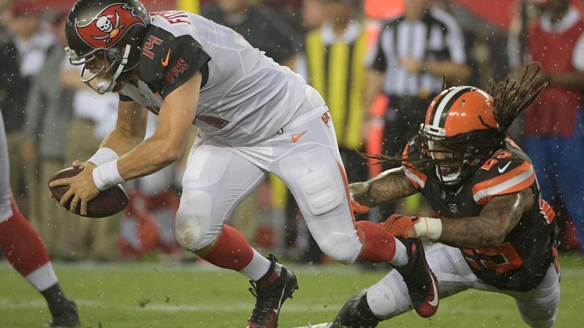 Buccaneers backup quarterback Ryan Fitzpatrick is sacked by Cleveland Browns defensive back Calvin Pryor during last week’s preseason game at Raymond James Stadium.