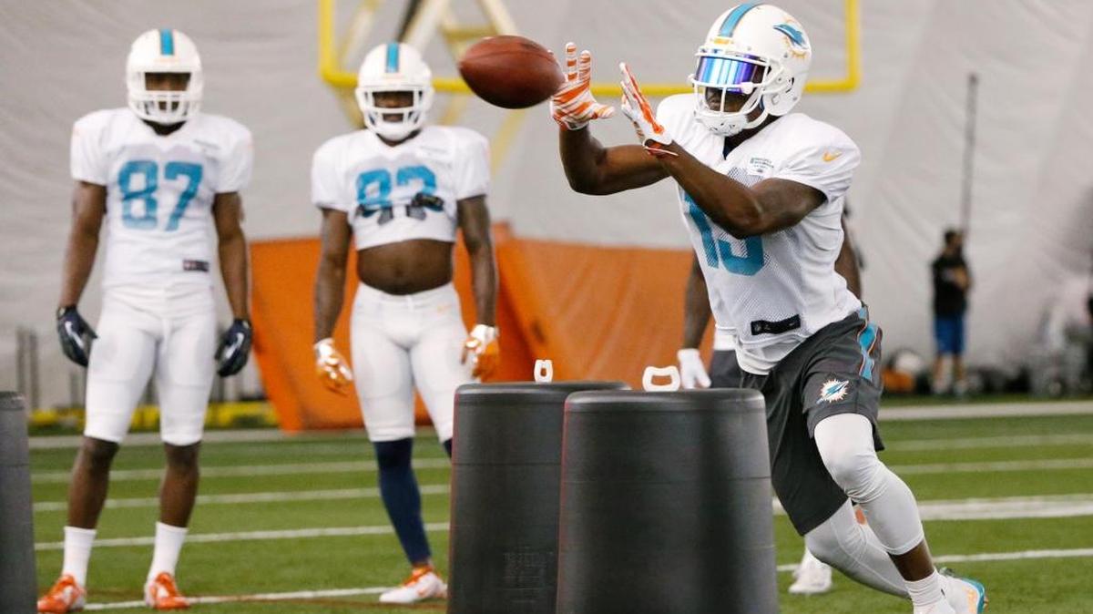 Miami Dolphins wide receiver Matt Hazel catches the ball as he runs through drills during practice at the NFL football team’s training camp, Aug. 2, 2016, in Davie.