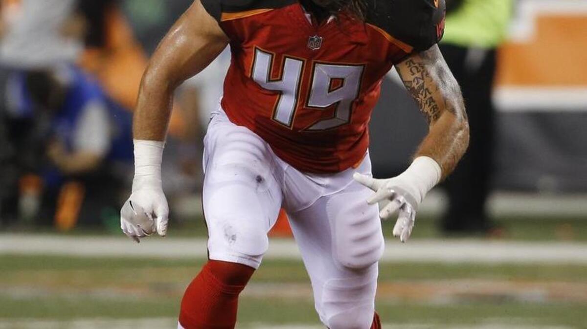 Tampa Bay Buccaneers linebacker Riley Bullough reads a play in the second half of a preseason NFL football game against the Cincinnati Bengals, Friday, Aug. 11, 2017, in Cincinnati. FILE PHOTO.