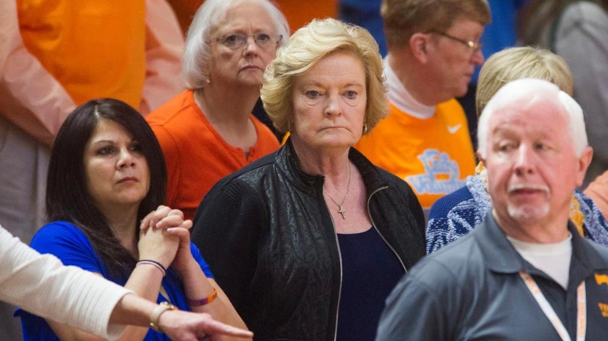 In this Jan. 31, 2016, file photo, former Tennessee women’s basketball coach Pat Summitt, center, attends an NCAA college basketball game between Tennessee and Alabama in Knoxville, Tenn. Summitt, the winningest coach in Division I college basketball history who uplifted the women's game from obscurity to national prominence during her career at Tennessee, died Tuesday morning. She was 64.
