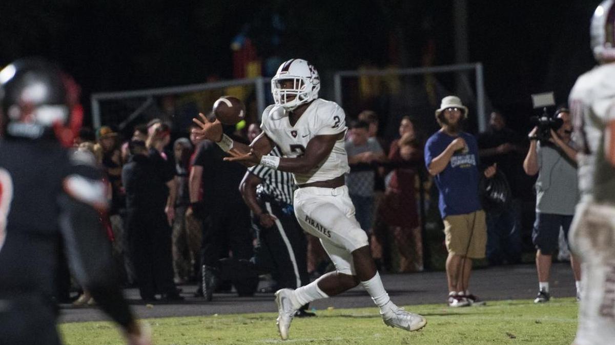 Braden River's Deshaun Fenwick catches a long pass for a touchdown against Palmetto High on Friday, October 21, 2016. HERALD FILE PHOTO.