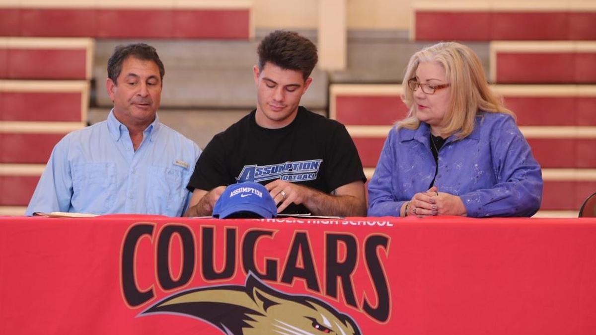 Vinny Conetta, a safety and running back from Bradenton, plans to continue his career at Division II Assumption College in Worcester, Mass. Conetta, a student at Cardinal Mooney, signed during that school’s ceremony Wednesday afternoon.