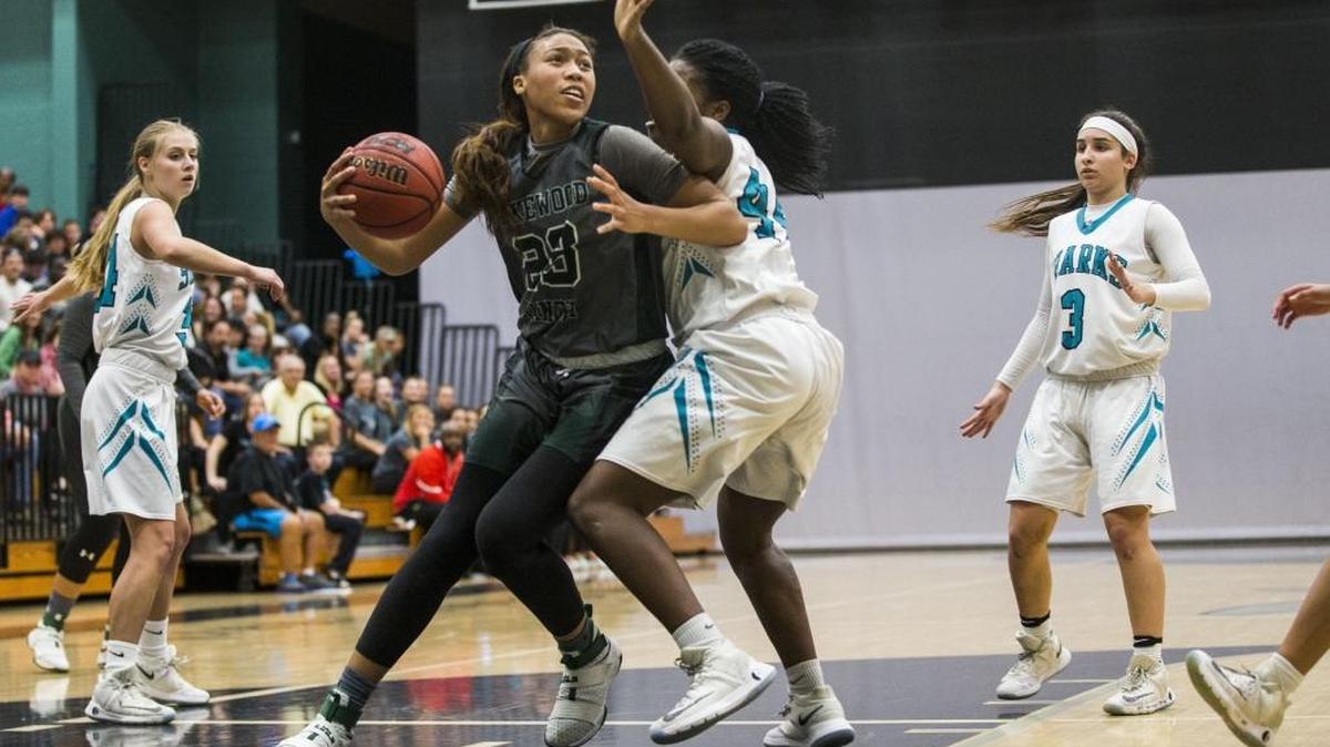 Lakewood Ranch senior LaDazhia Williams attempts a shot during the Class 8A regional semifinal at Gulf Coast High on Feb. 14. Gulf Coast beat Lakewood Ranch in overtime with a final score of 72-66.