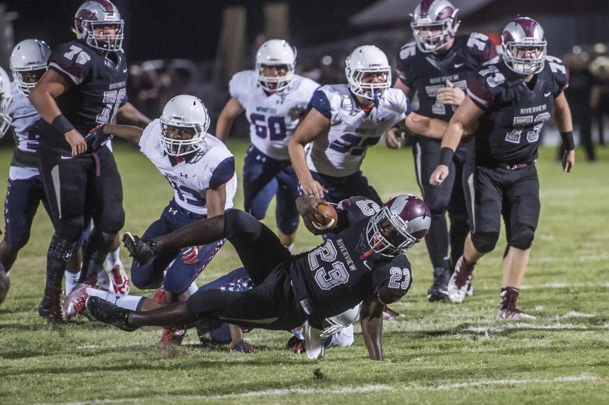Riverview’s Michael Hayes is brought down after a long run against Manatee.