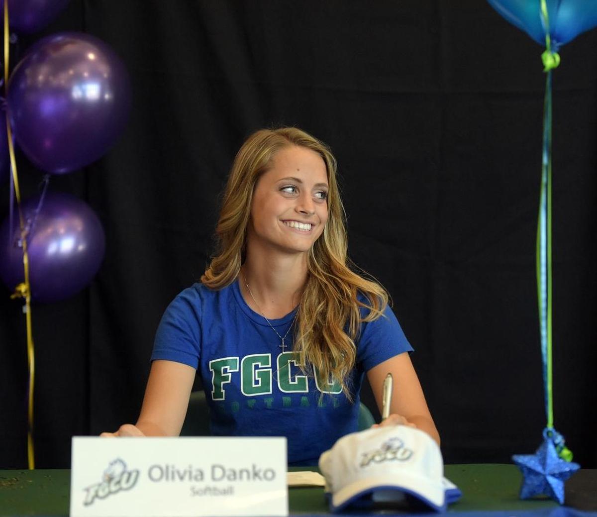 Olivia Danko smiles during signing day at Lakewood Ranch High on Wednesday.