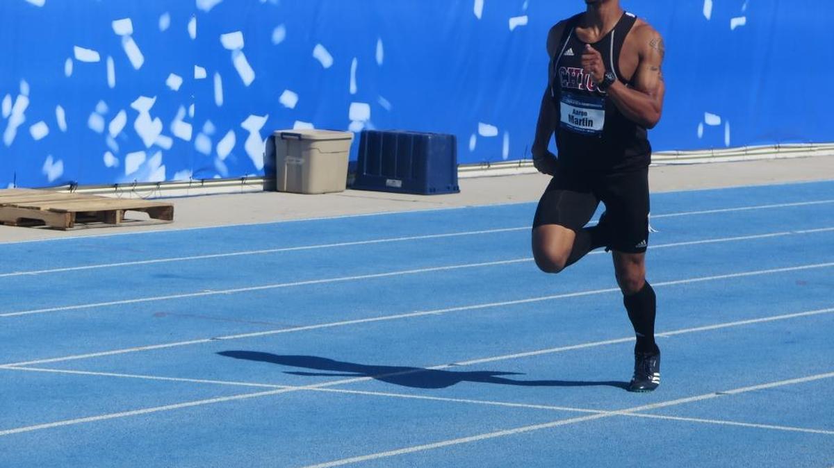 Aaron Martin, one of the California State University, Chico, decathletes, runs the 400-meter dash portion of the event at the NCAA Division II Outdoor Track and Field National Championships.